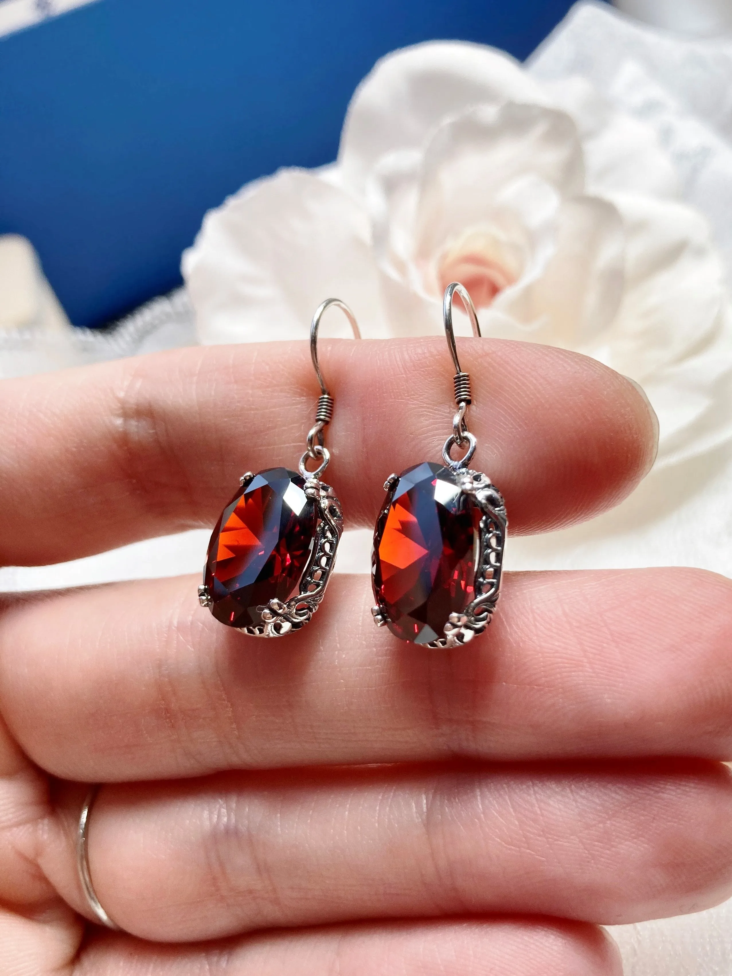 Garnet CZ Earrings, Edwardian Jewelry #E70