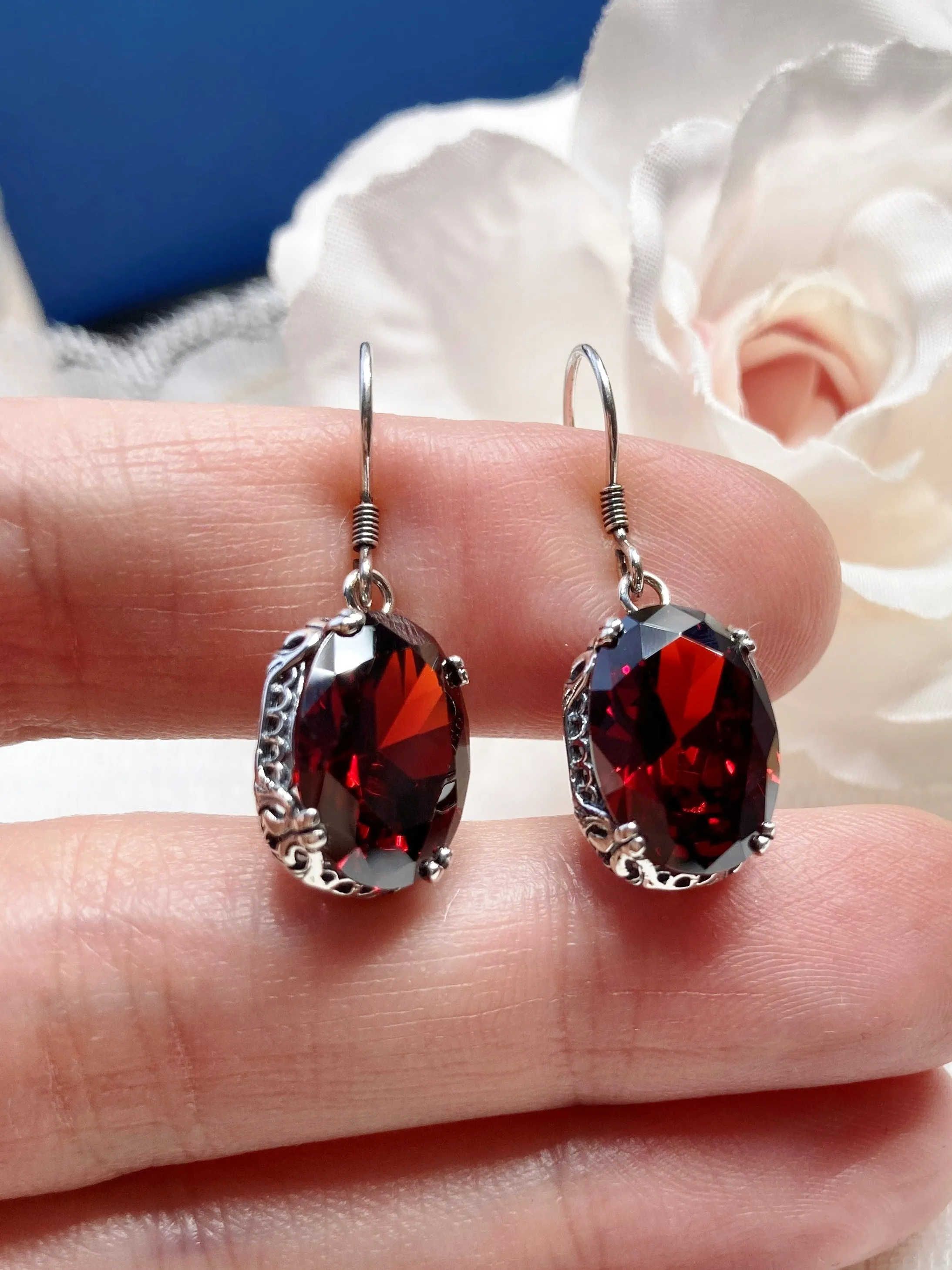 Garnet CZ Earrings, Edwardian Jewelry #E70
