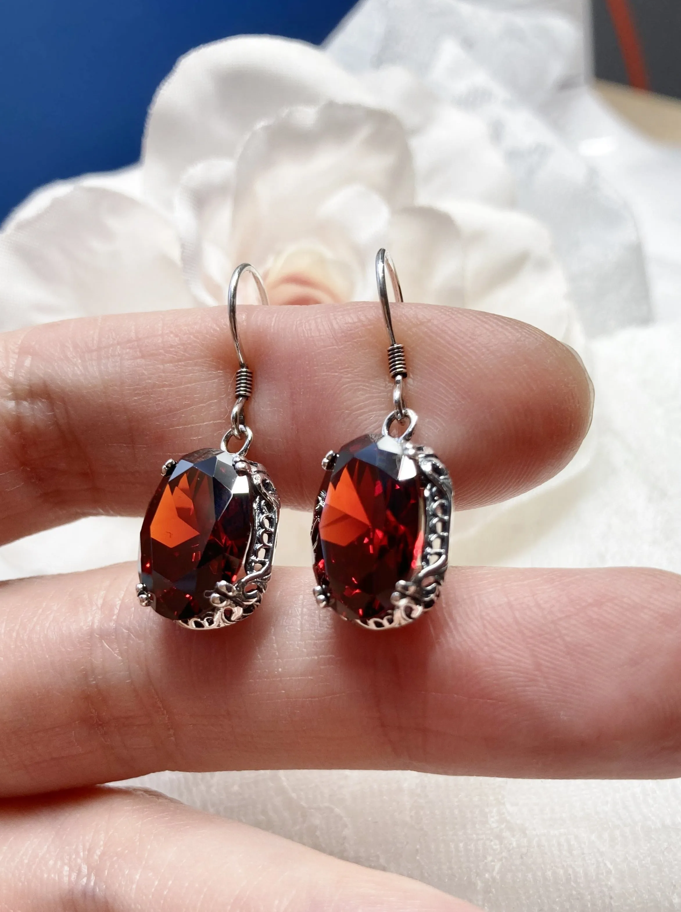 Garnet CZ Earrings, Edwardian Jewelry #E70