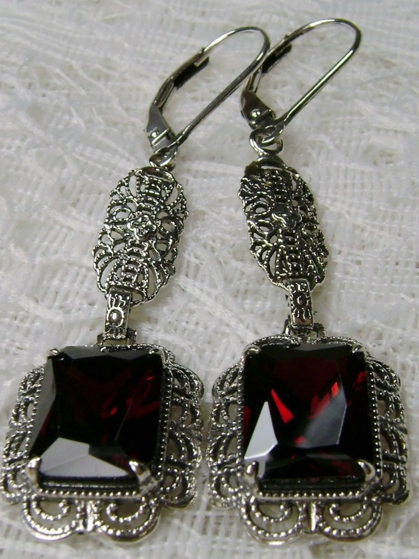 Garnet CZ Earrings, Long Festoon Filigree #E8