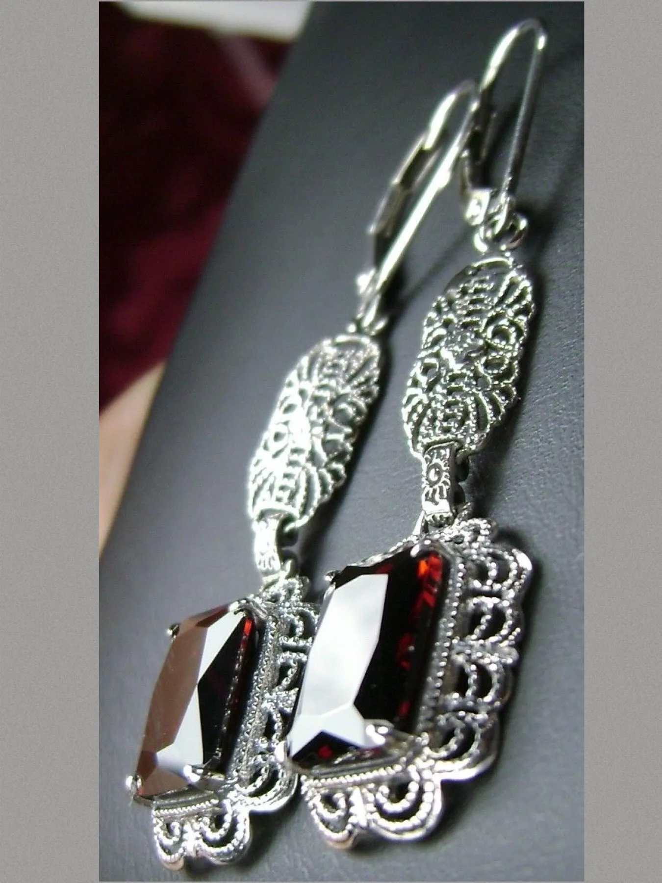 Garnet CZ Earrings, Long Festoon Filigree #E8