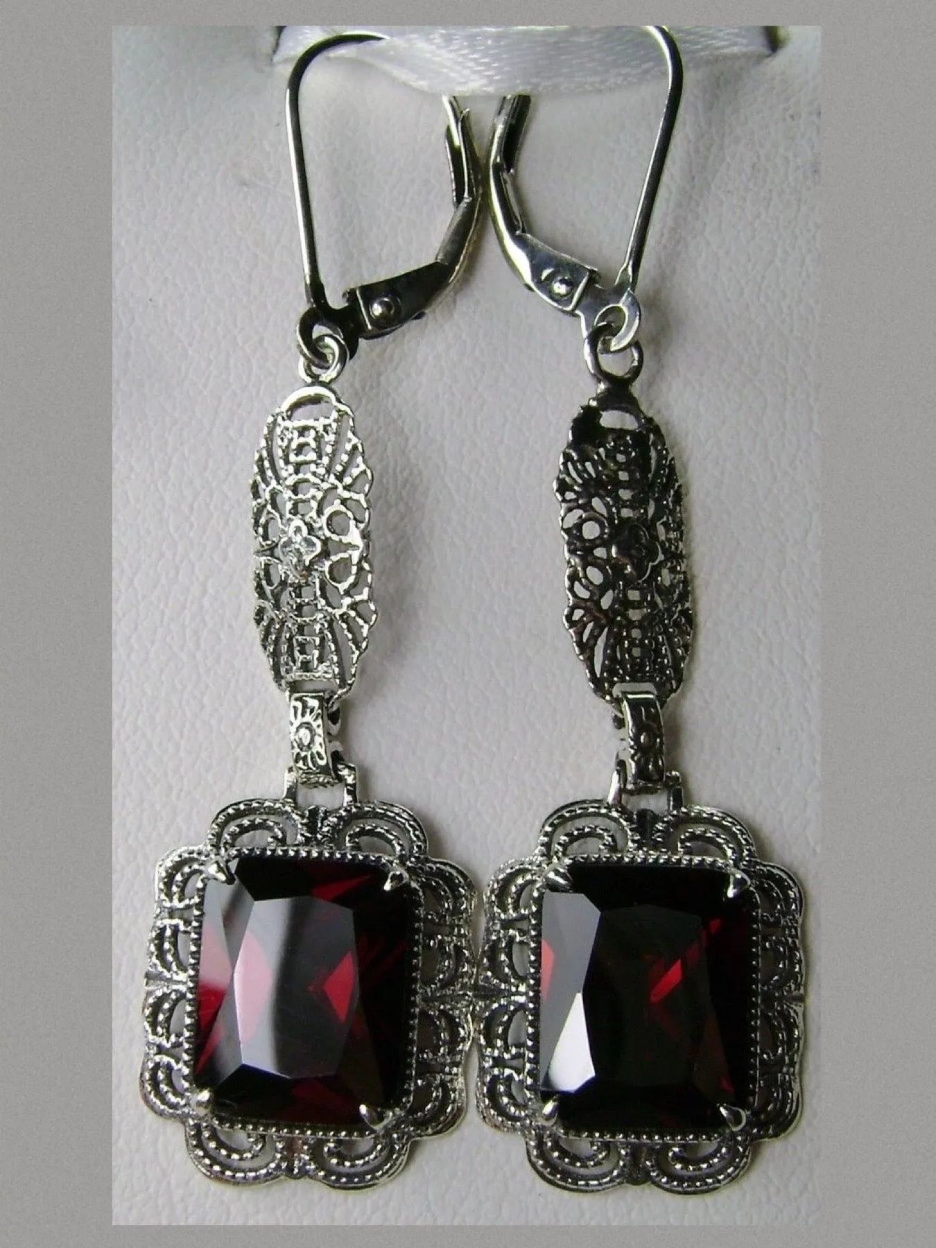 Garnet CZ Earrings, Long Festoon Filigree #E8