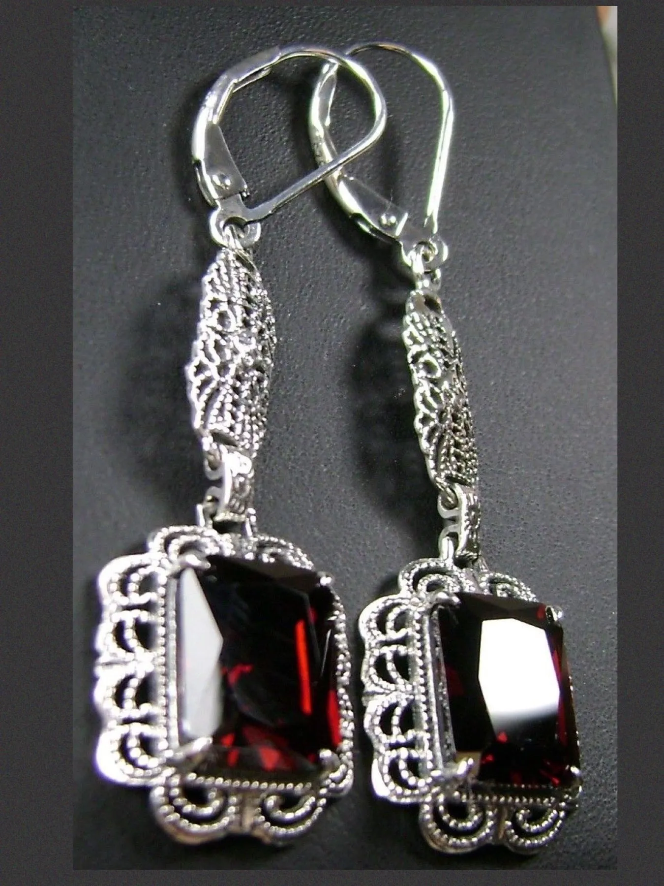 Garnet CZ Earrings, Long Festoon Filigree #E8
