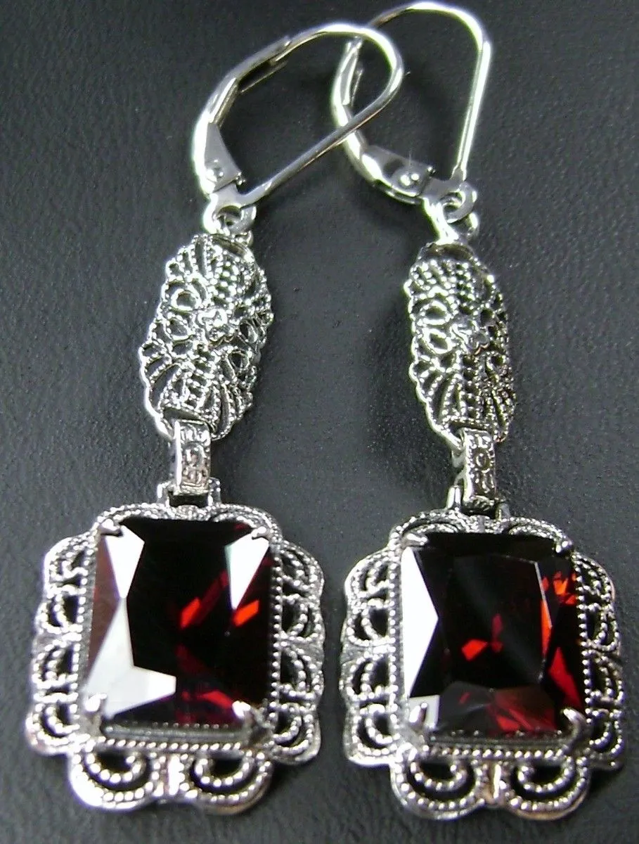 Garnet CZ Earrings, Long Festoon Filigree #E8