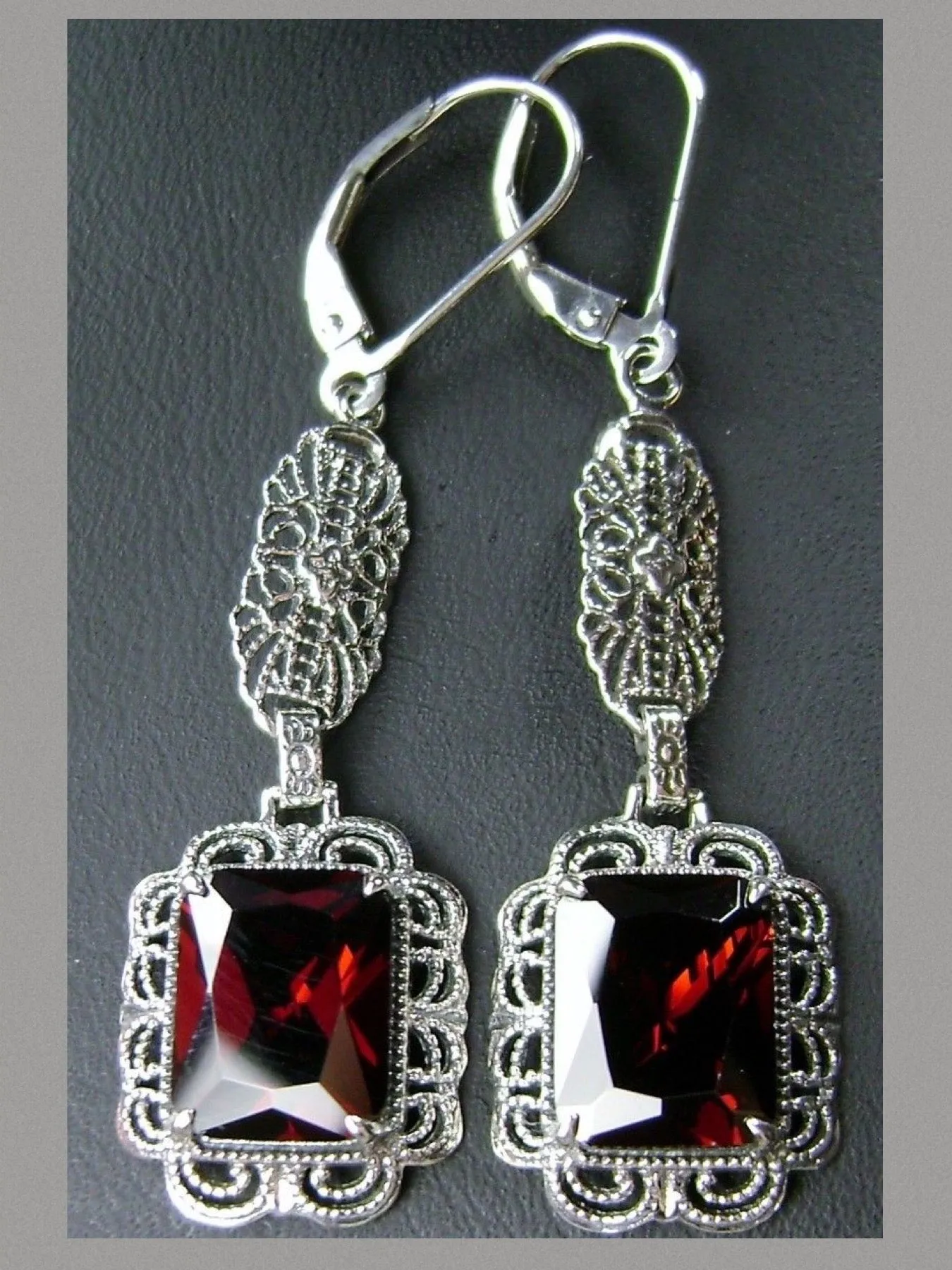 Garnet CZ Earrings, Long Festoon Filigree #E8