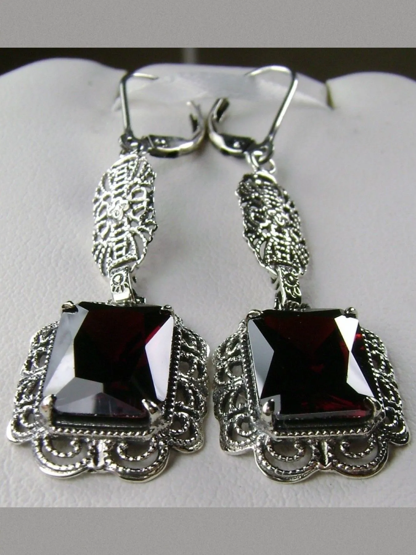 Garnet CZ Earrings, Long Festoon Filigree #E8