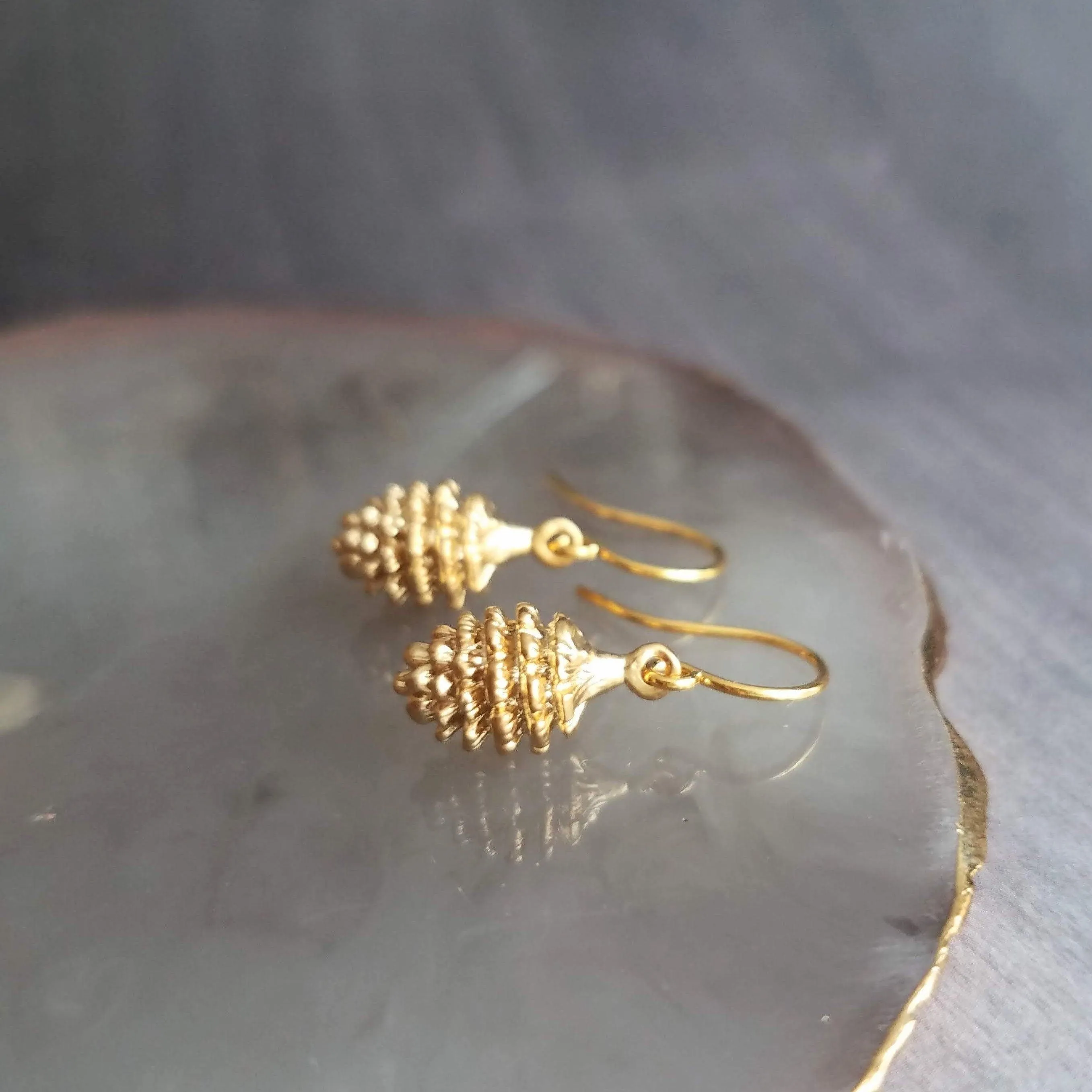 Gold Pine Cone Earrings, small pinecone earring, little pine cone, fall earring, autumn earring, matte gold harvest earring, nature earring