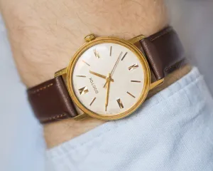 Gold plated men's watch Wostok \ East vintage, dress watch retro geometric dial, shockproof unisex watch gift him, new premium leather strap