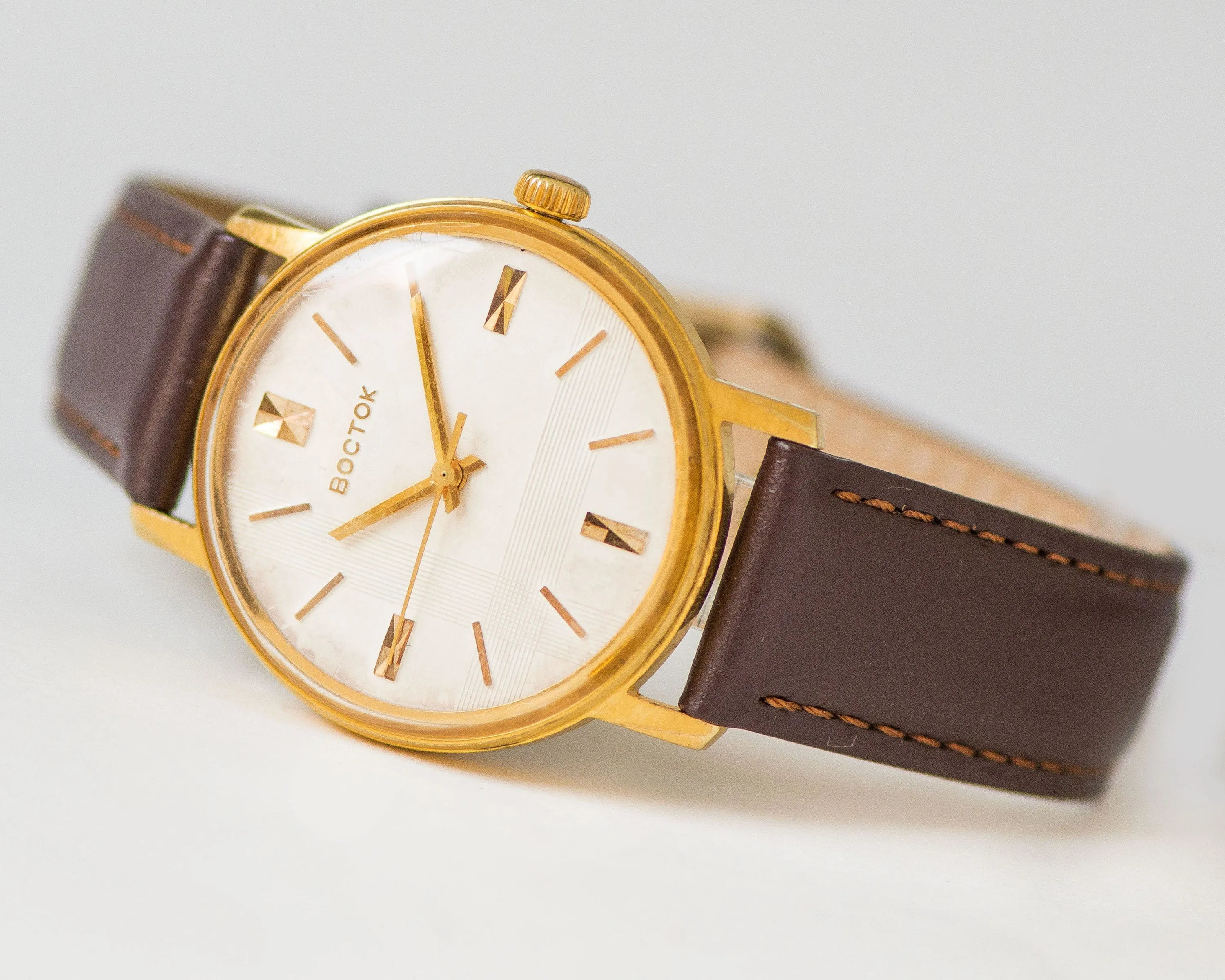 Gold plated men's watch Wostok \ East vintage, dress watch retro geometric dial, shockproof unisex watch gift him, new premium leather strap