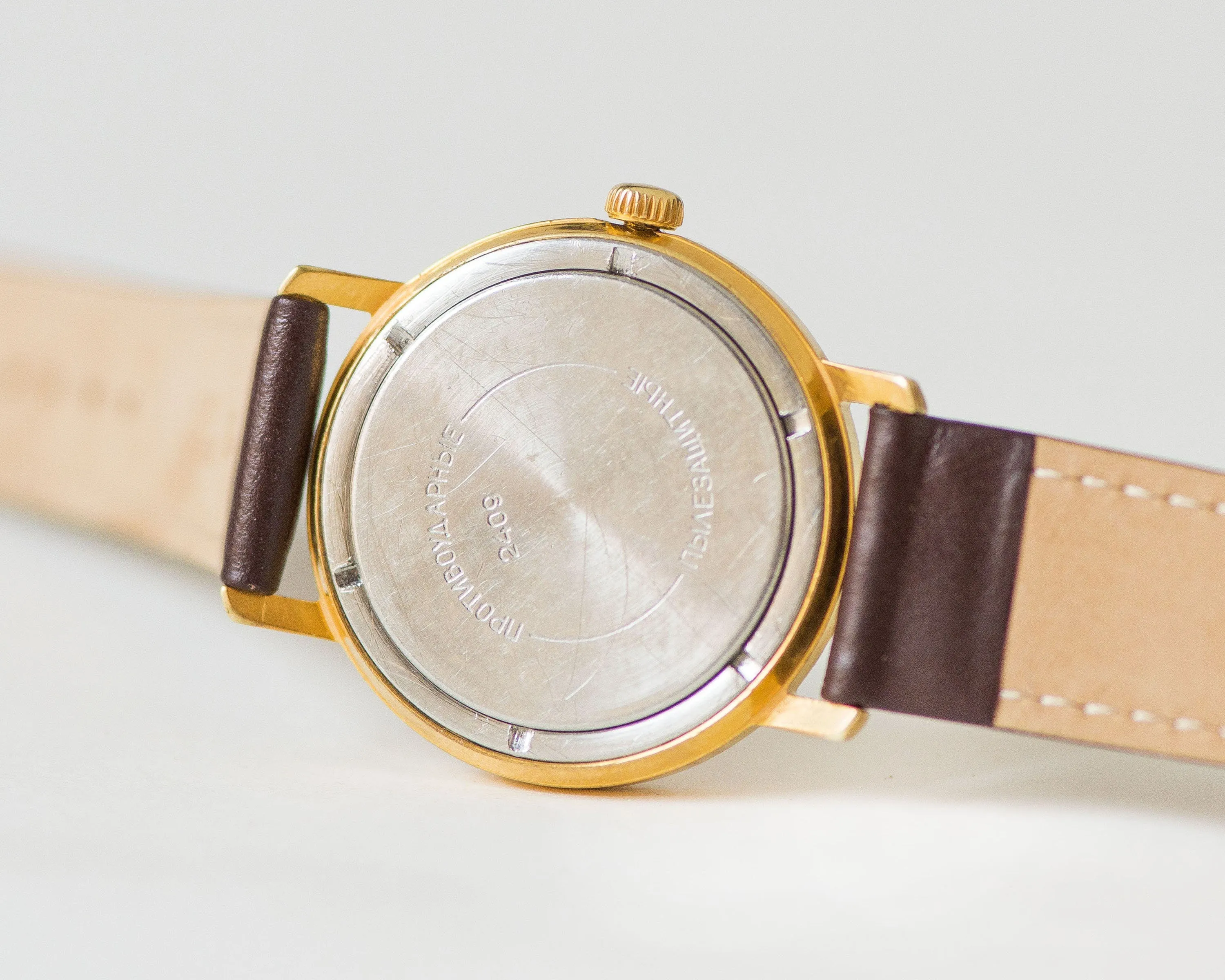 Gold plated men's watch Wostok \ East vintage, dress watch retro geometric dial, shockproof unisex watch gift him, new premium leather strap