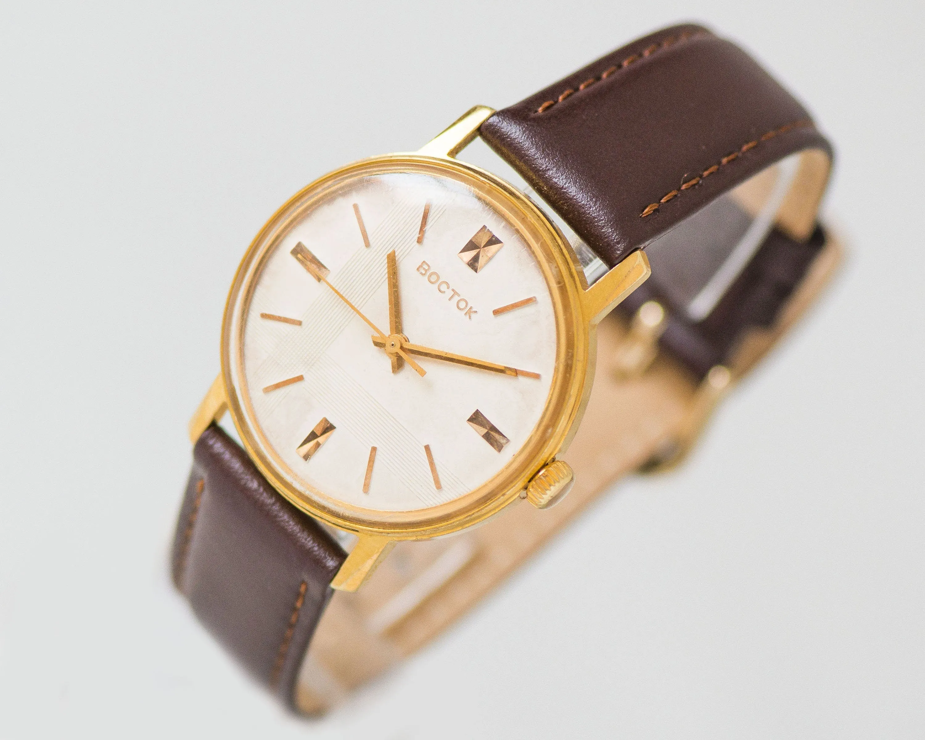 Gold plated men's watch Wostok \ East vintage, dress watch retro geometric dial, shockproof unisex watch gift him, new premium leather strap