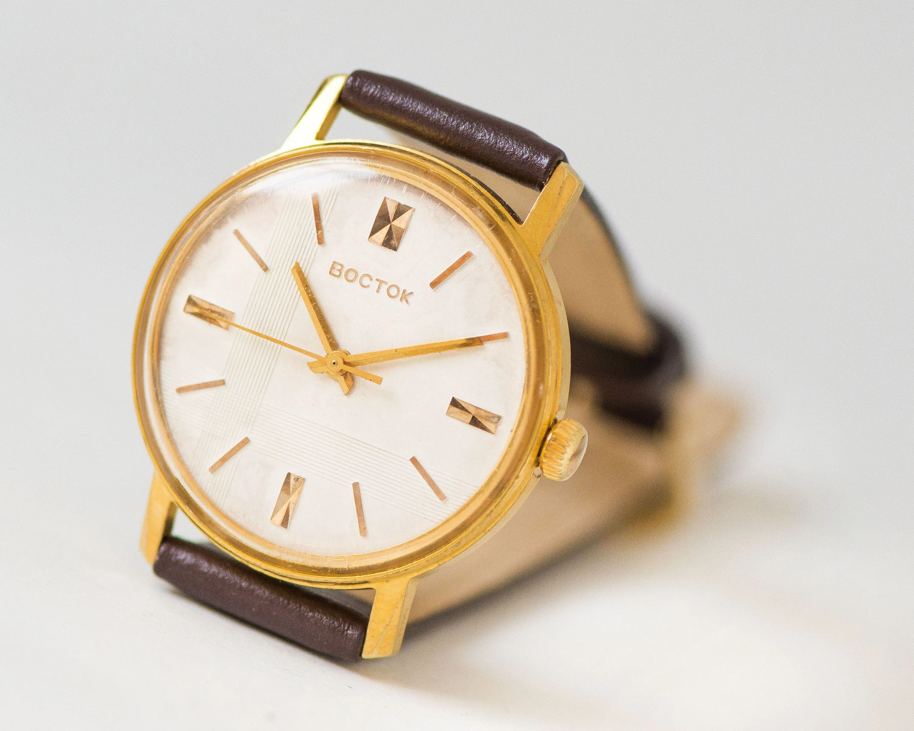 Gold plated men's watch Wostok \ East vintage, dress watch retro geometric dial, shockproof unisex watch gift him, new premium leather strap