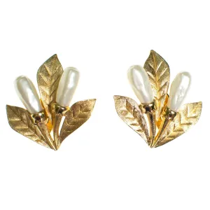 Gold Trifari Cattail Earrings Gold with Faux Pearl