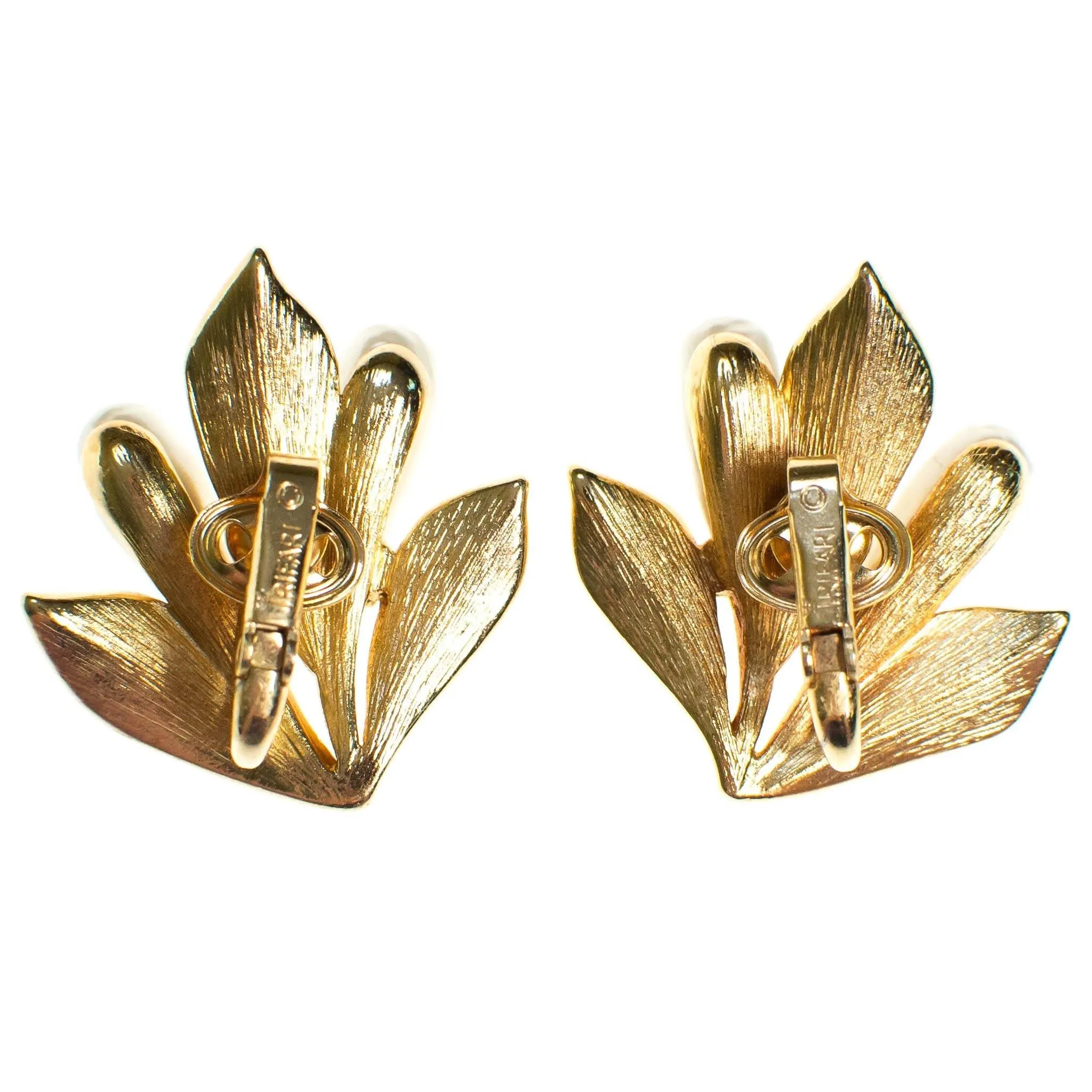 Gold Trifari Cattail Earrings Gold with Faux Pearl