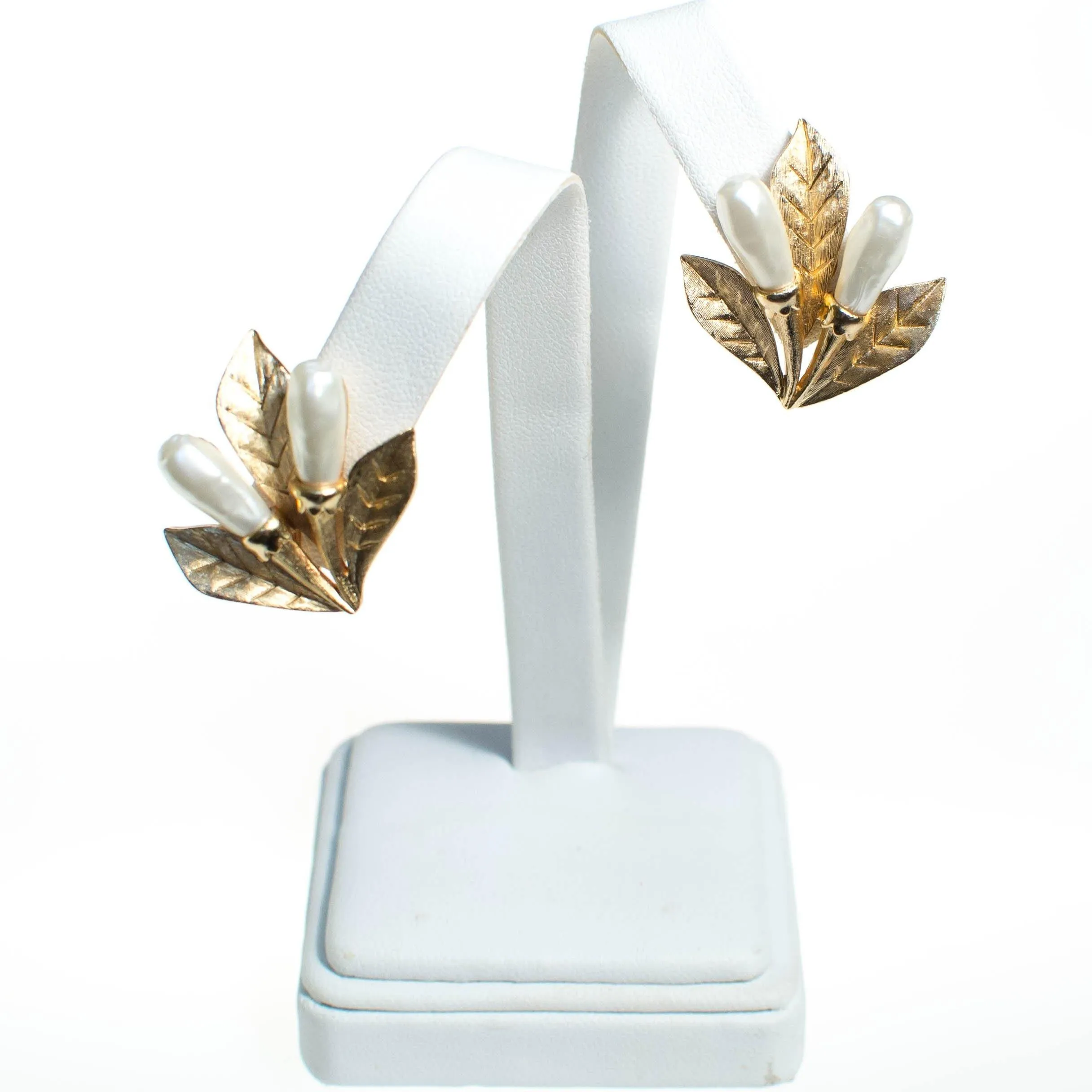 Gold Trifari Cattail Earrings Gold with Faux Pearl