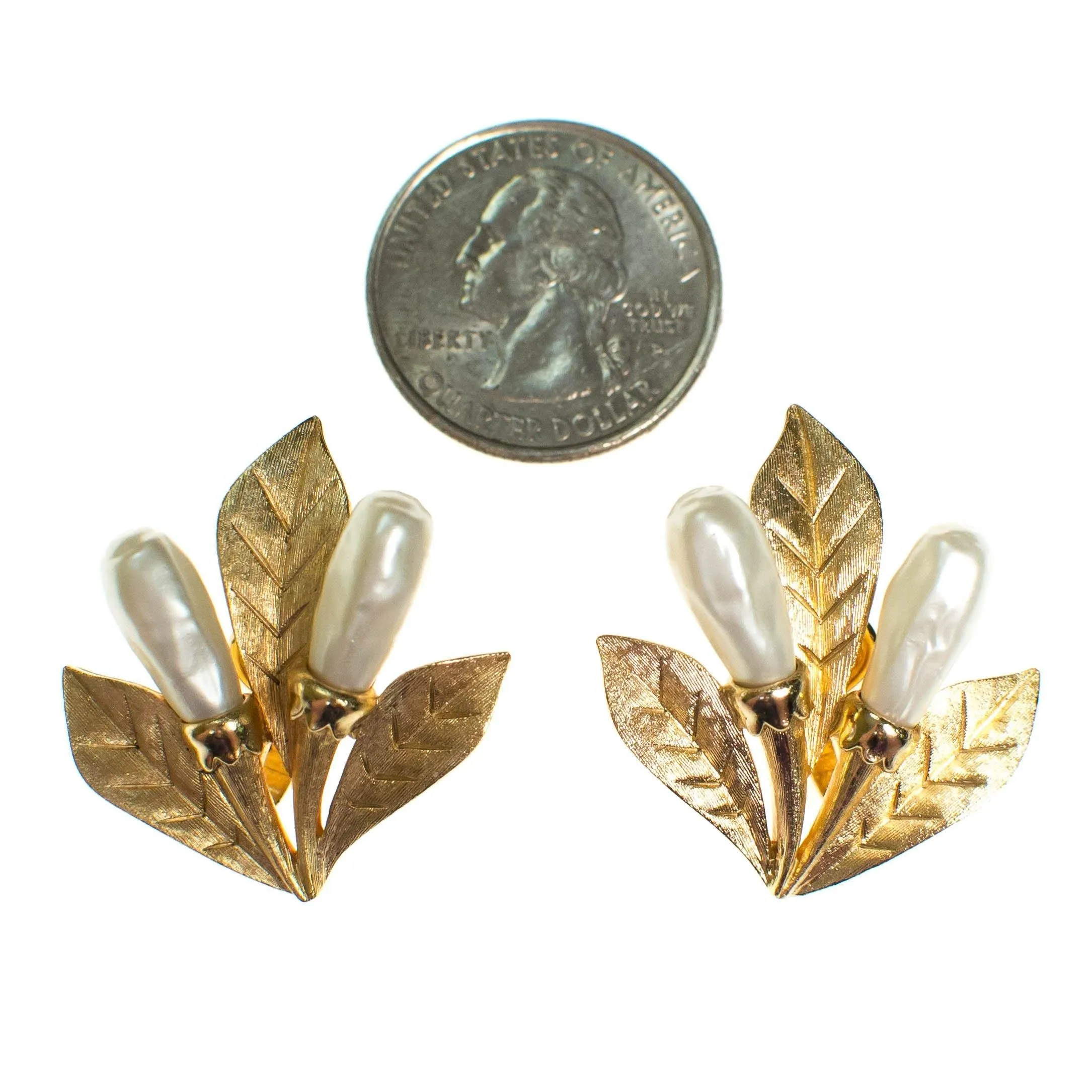 Gold Trifari Cattail Earrings Gold with Faux Pearl