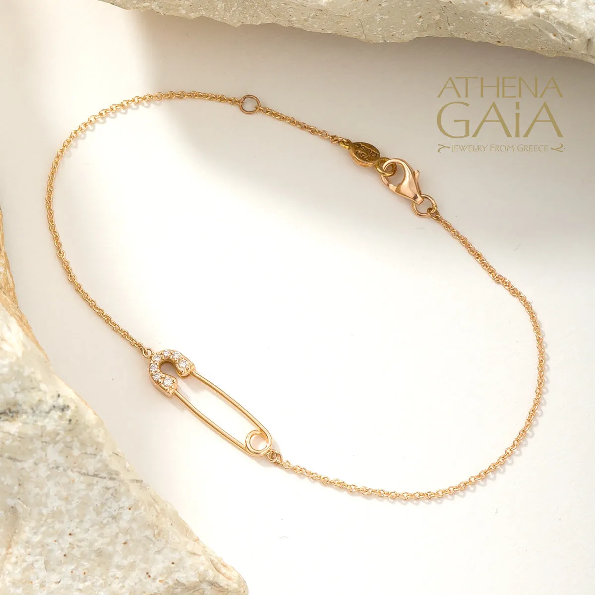 Golden Safety Pin With Diamonds Bracelet