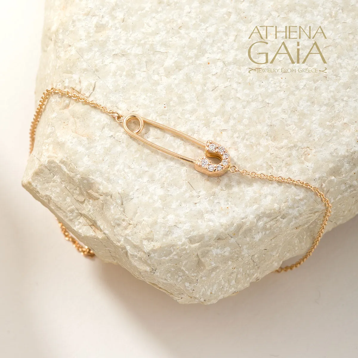 Golden Safety Pin With Diamonds Bracelet