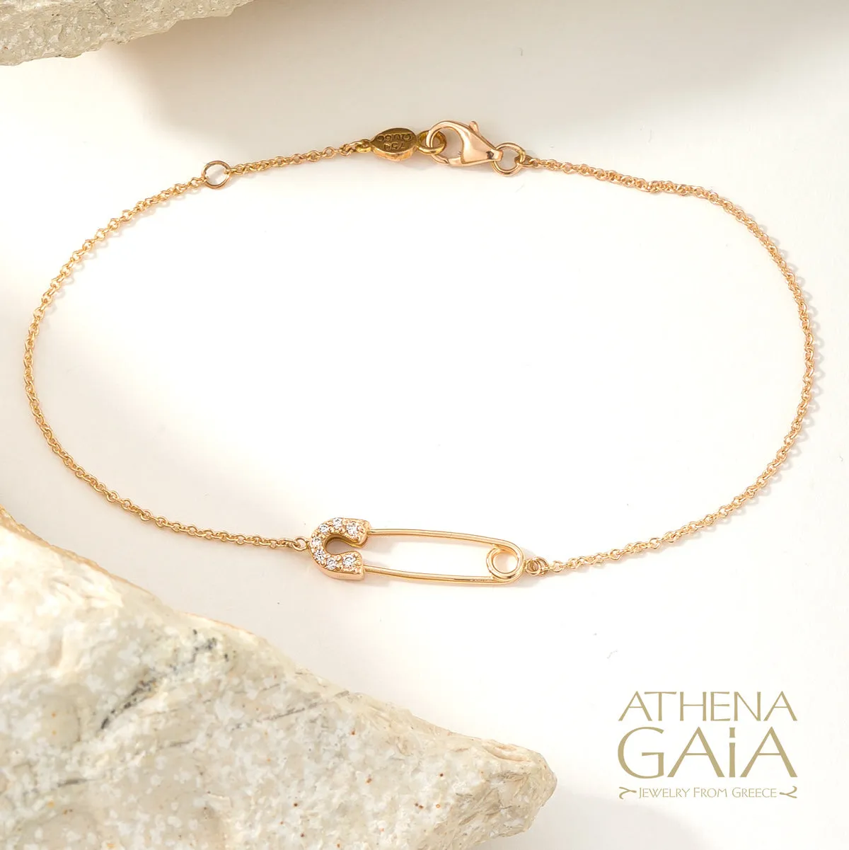Golden Safety Pin With Diamonds Bracelet