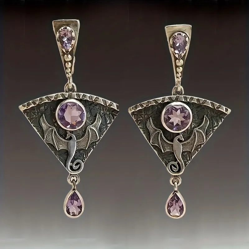 Gothic Retro Purple Gemstone Dragon Earrings Party Jewelry Gift