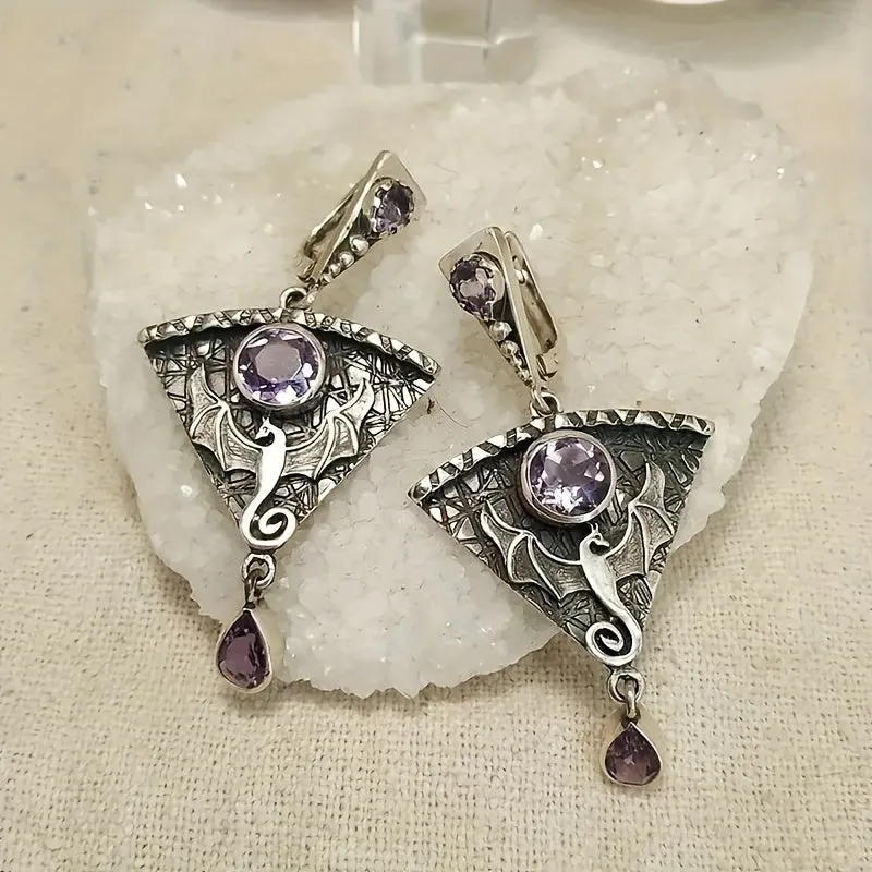 Gothic Retro Purple Gemstone Dragon Earrings Party Jewelry Gift