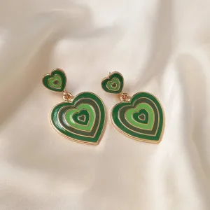 Green & Gold Retro Heart Drop Earrings -  70's Style Earrings, Vintage Style, Hanging Jewellery,Accessories,Green Jewellery,Gold Earrings
