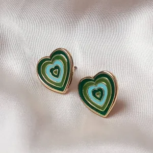 Green & Gold Retro Heart Stud Earrings -  Green 70's Style Earrings,Vintage Style,Green Jewellery,Gold Earrings,Gold Heart Stud Earrings