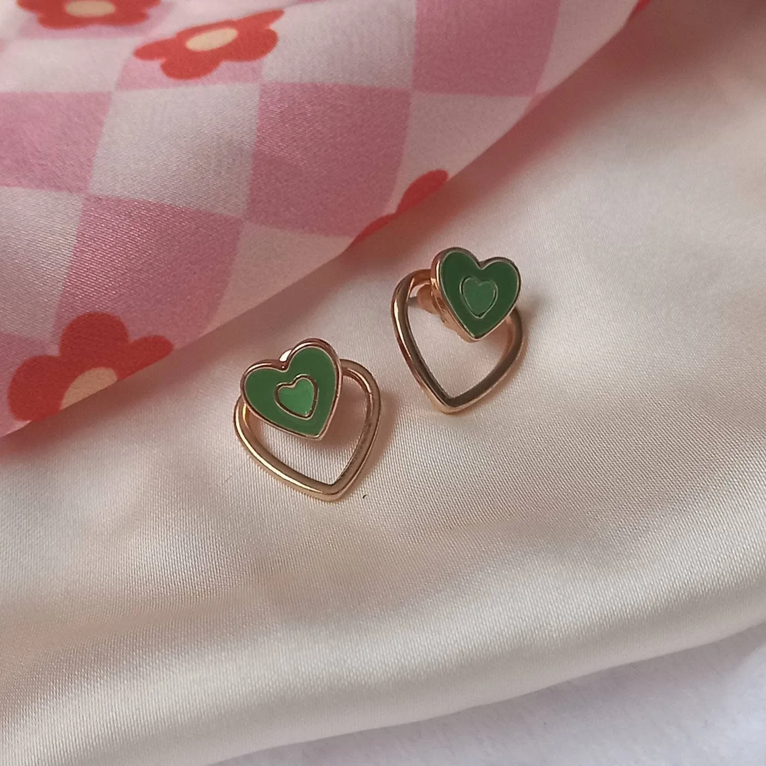 Green & Gold Retro Heart Stud Earrings -  Green Heart Earrings, 70's Style Earrings, Vintage Style, Green Jewellery, Gold Earrings In The Uk