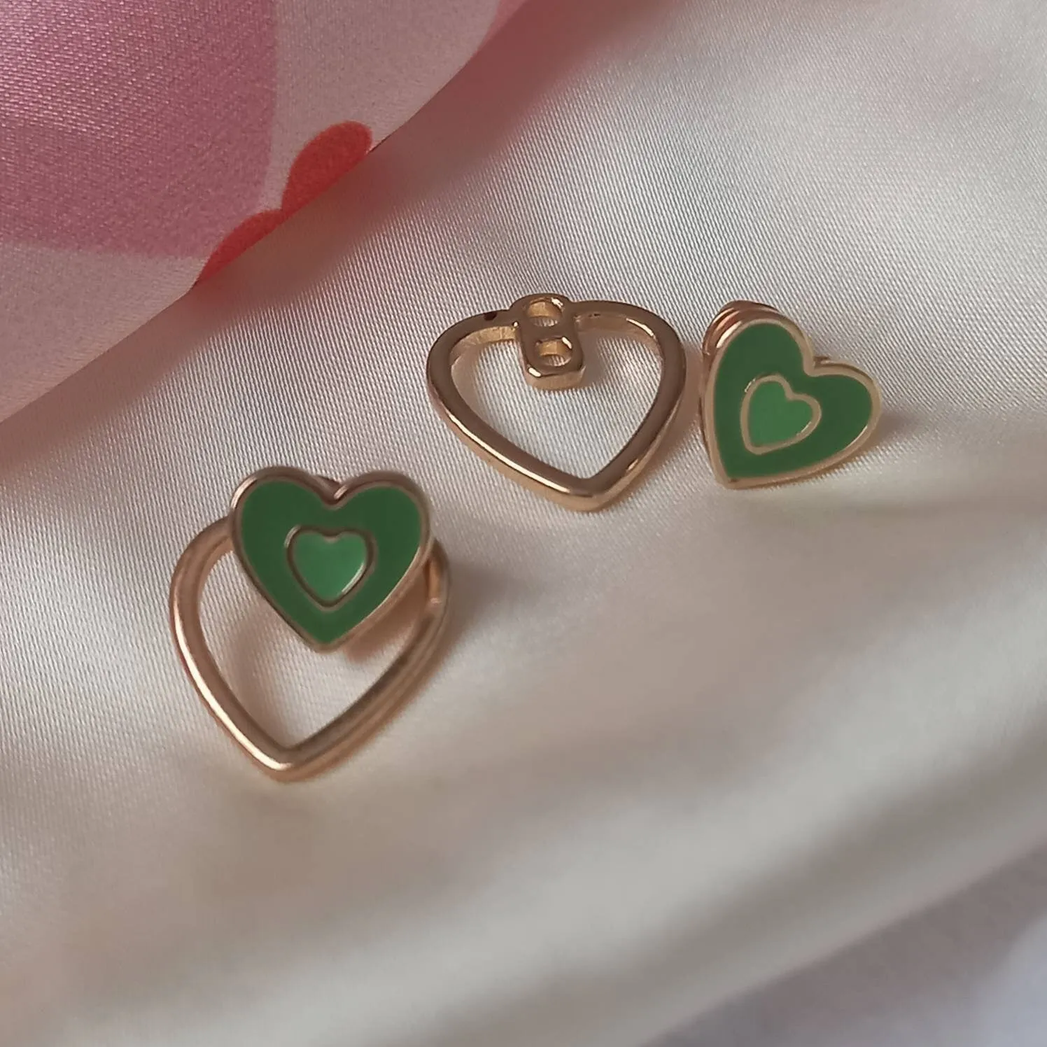 Green & Gold Retro Heart Stud Earrings -  Green Heart Earrings, 70's Style Earrings, Vintage Style, Green Jewellery, Gold Earrings In The Uk