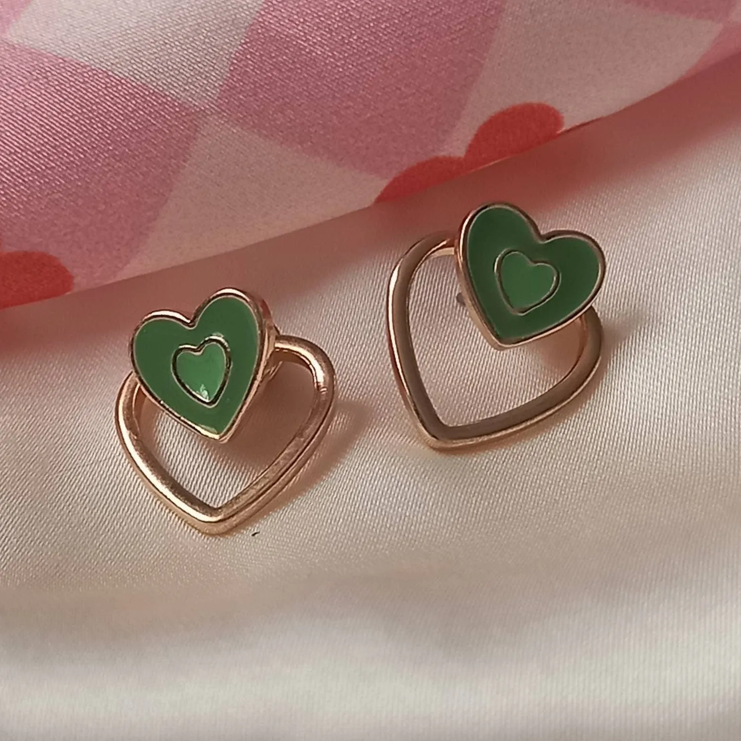 Green & Gold Retro Heart Stud Earrings -  Green Heart Earrings, 70's Style Earrings, Vintage Style, Green Jewellery, Gold Earrings In The Uk