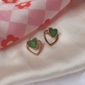 Green & Gold Retro Heart Stud Earrings -  Green Heart Earrings, 70's Style Earrings, Vintage Style, Green Jewellery, Gold Earrings In The Uk