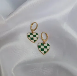 Green & White Retro Heart Drop Earrings - Green Heart Earrings In The UK,70's Style Earrings,Vintage Style,Green Checkered Jewellery,Gold
