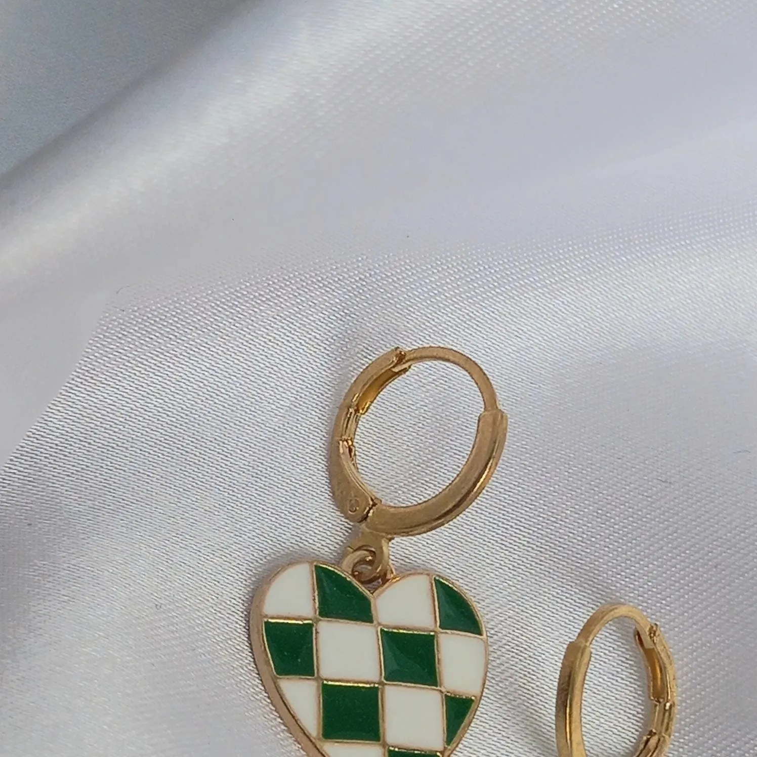 Green & White Retro Heart Drop Earrings - Green Heart Earrings In The UK,70's Style Earrings,Vintage Style,Green Checkered Jewellery,Gold