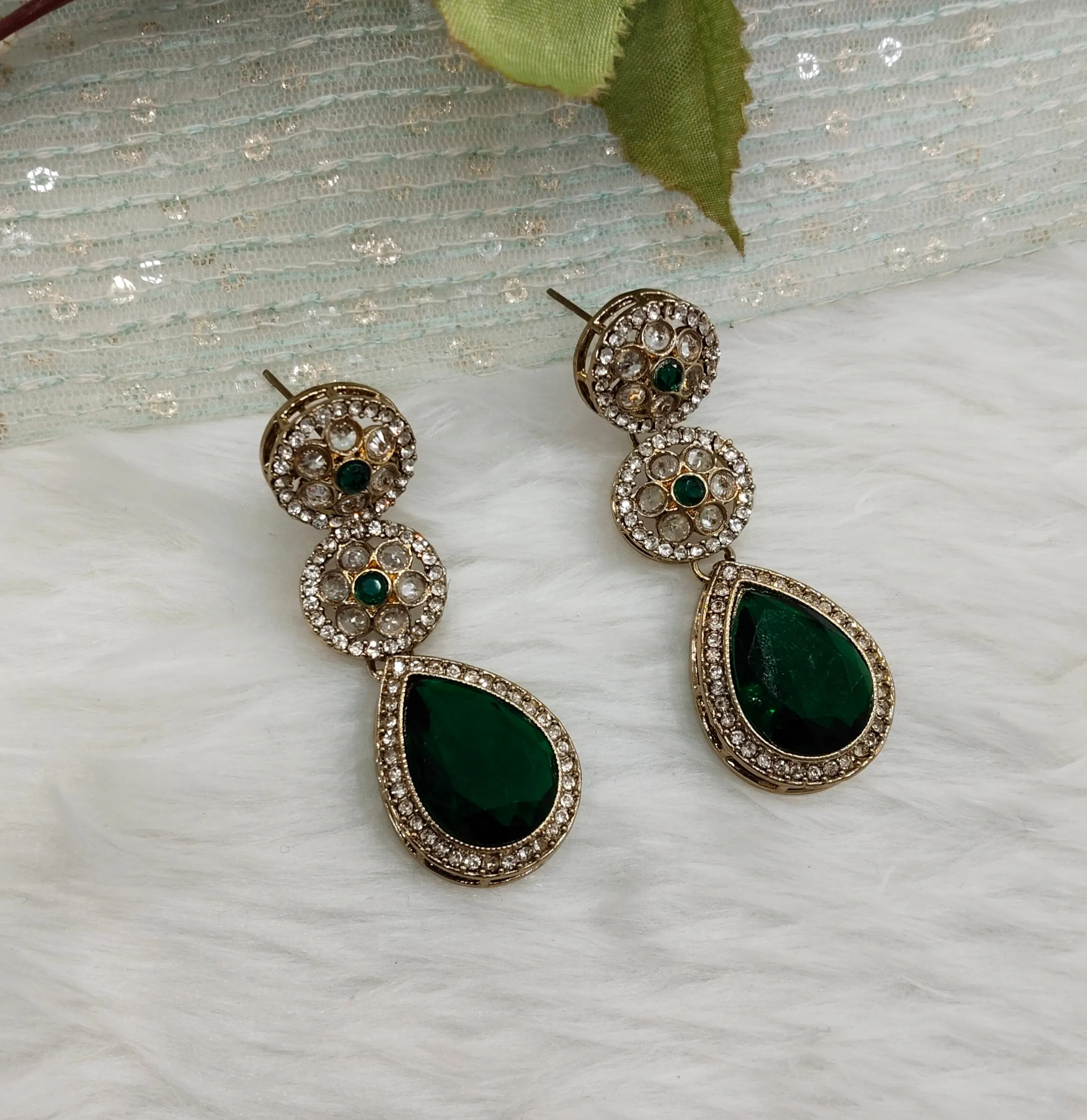 Green Antique Gold Bollywood Salt Indian Earrings