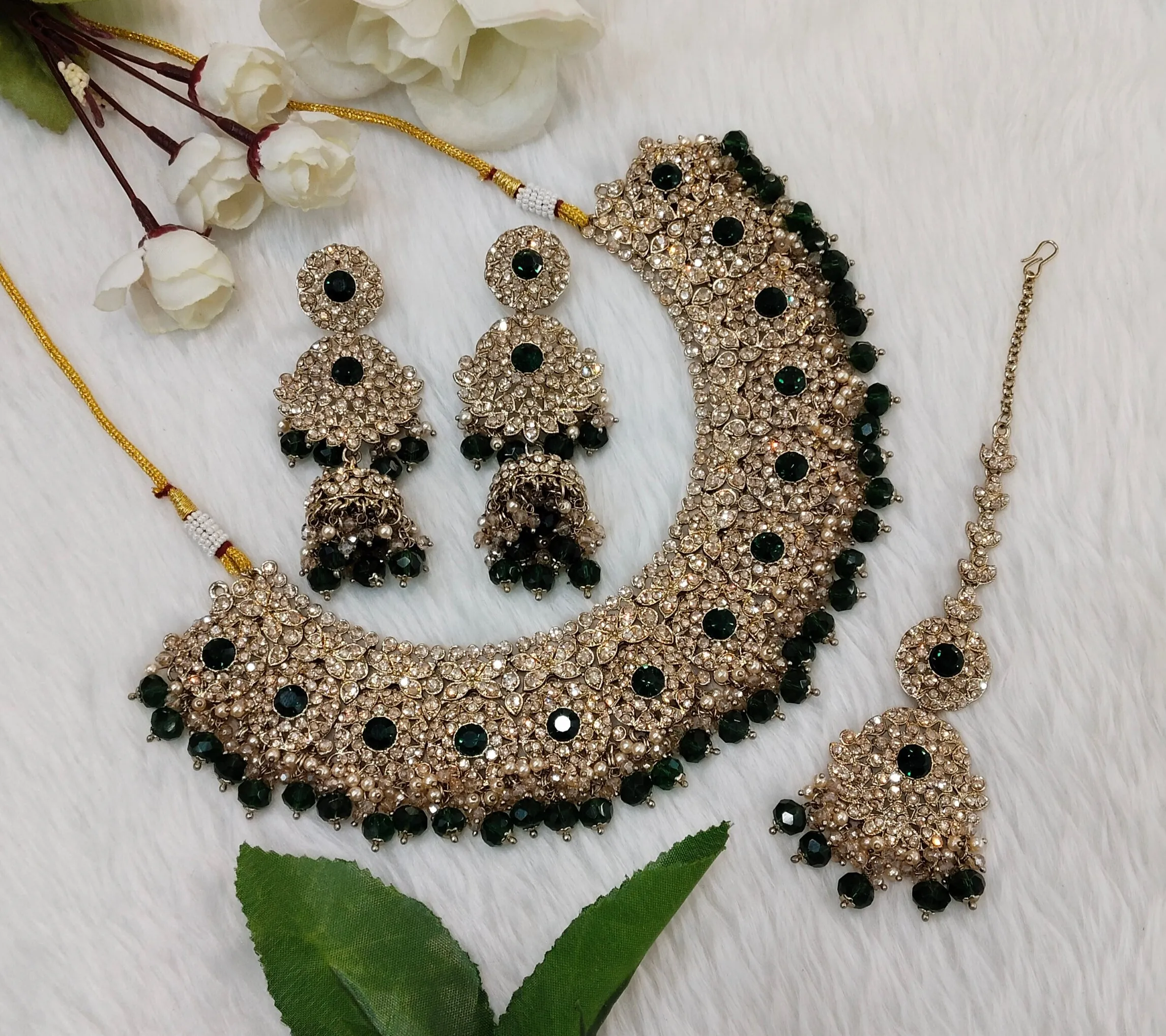 Green Antique Gold Necklace Indian Jewellery Meenu Set
