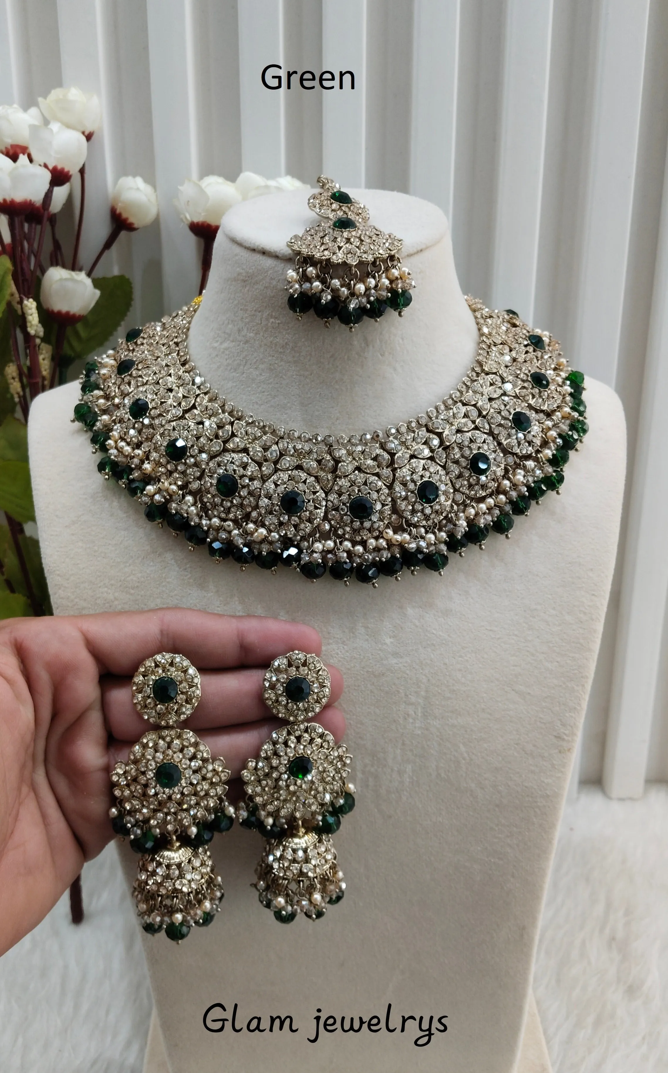 Green Antique Gold Necklace Indian Jewellery Meenu Set