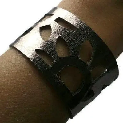 Gunmetal- Dark Silver Leather Cuff Bracelet. Reclaimed Leather wrist band. Sunflower bracelet.