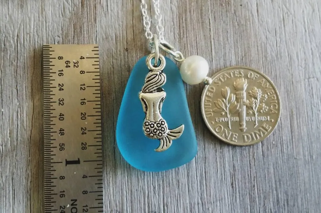 Handmade in Hawaii, Blue sea glass necklace, Mermaid  charm , Fresh water  pearl,   gift box, Gifts for her.