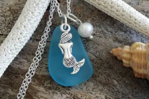 Handmade in Hawaii, Blue sea glass necklace, Mermaid  charm , Fresh water  pearl,   gift box, Gifts for her.