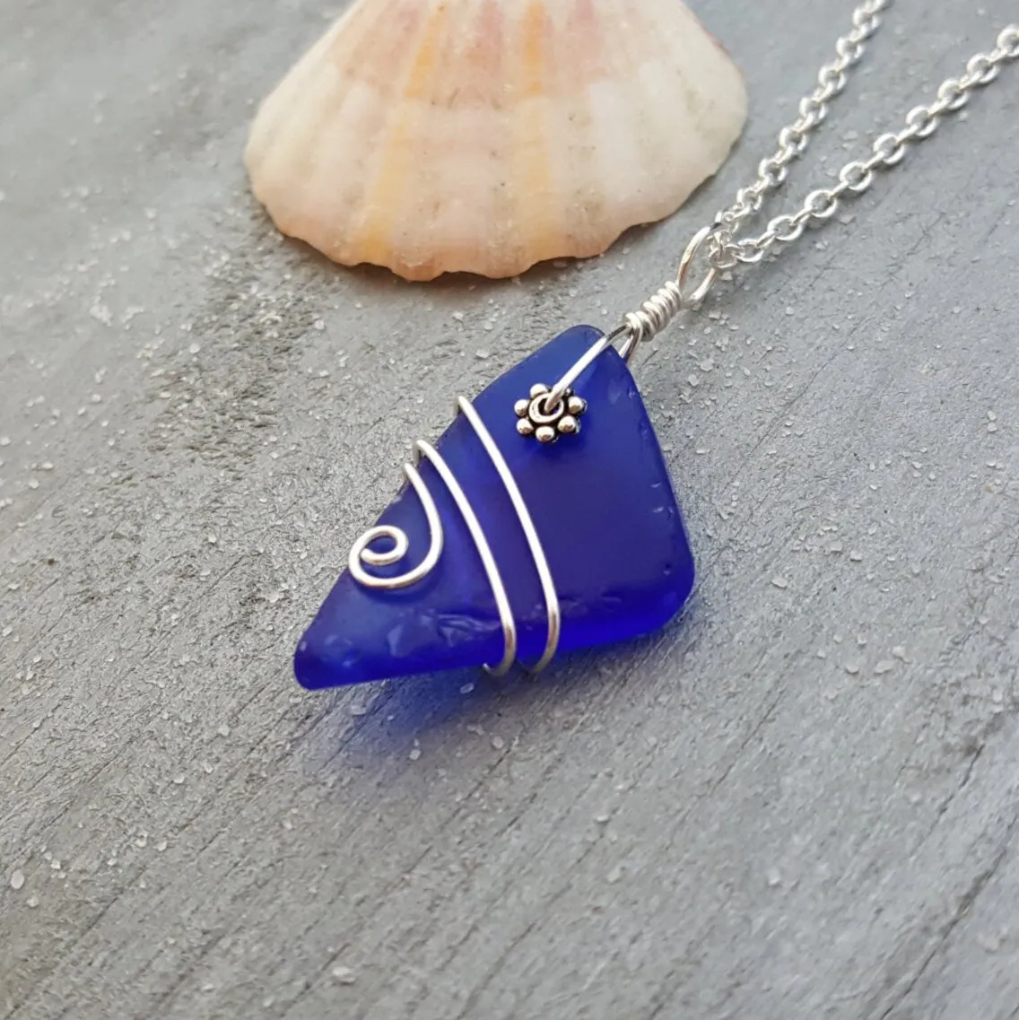 Handmade in Hawaii, Genuine surf tumbled natural cobalt blue sea  glass.Beach glass necklace. wire wrapped sea glass necklace jewelry.