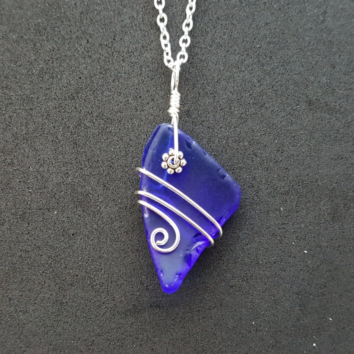 Handmade in Hawaii, Genuine surf tumbled natural cobalt blue sea  glass.Beach glass necklace. wire wrapped sea glass necklace jewelry.