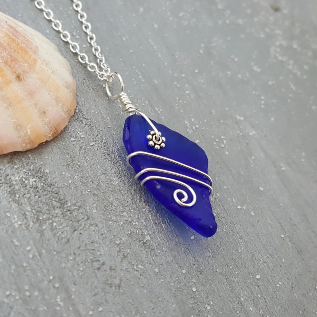 Handmade in Hawaii, Genuine surf tumbled natural cobalt blue sea  glass.Beach glass necklace. wire wrapped sea glass necklace jewelry.
