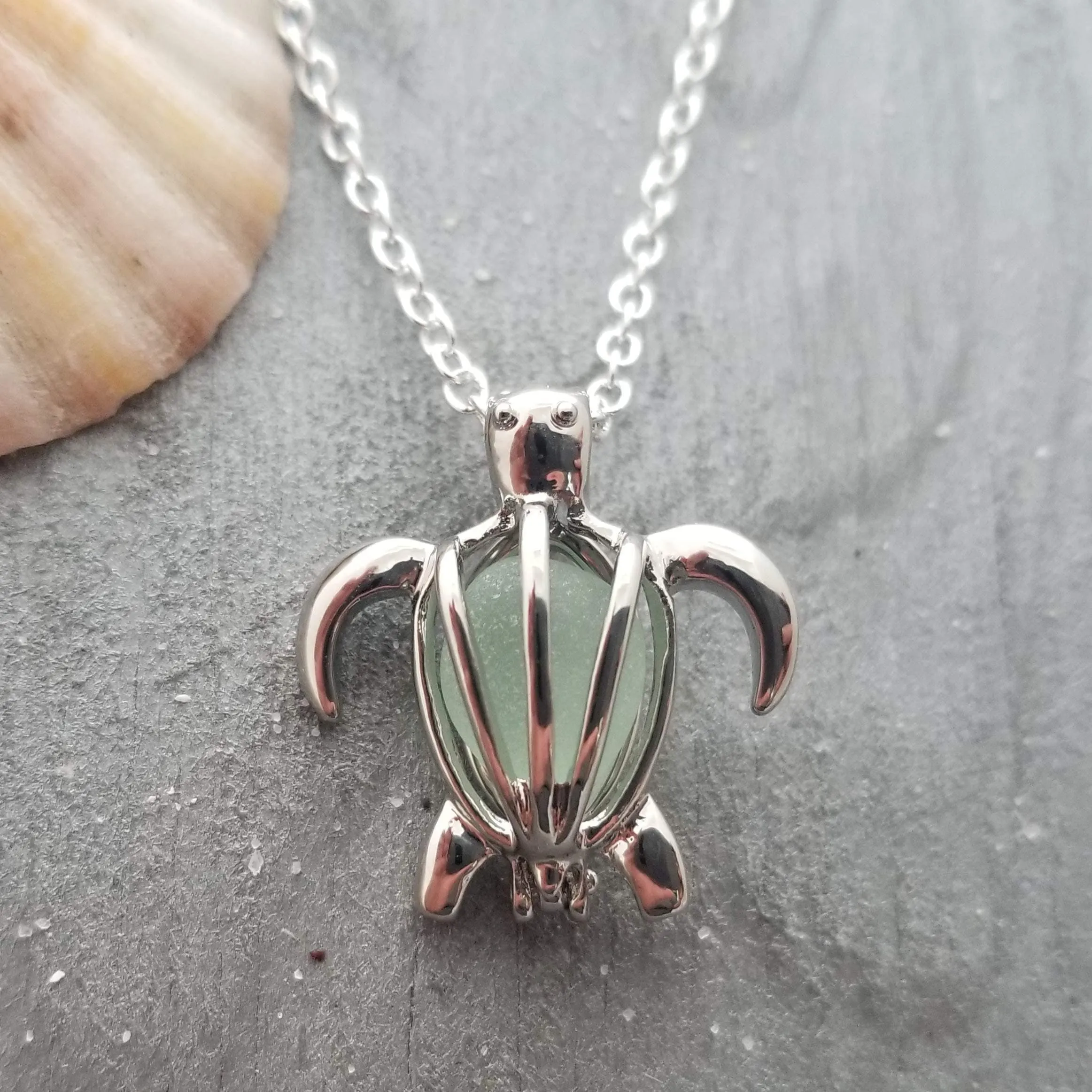 Handmade in Hawaii, Hawaiian Green Sea turtle wish locket with a natural piece of sea glass necklace, gift wrapped, customizable message