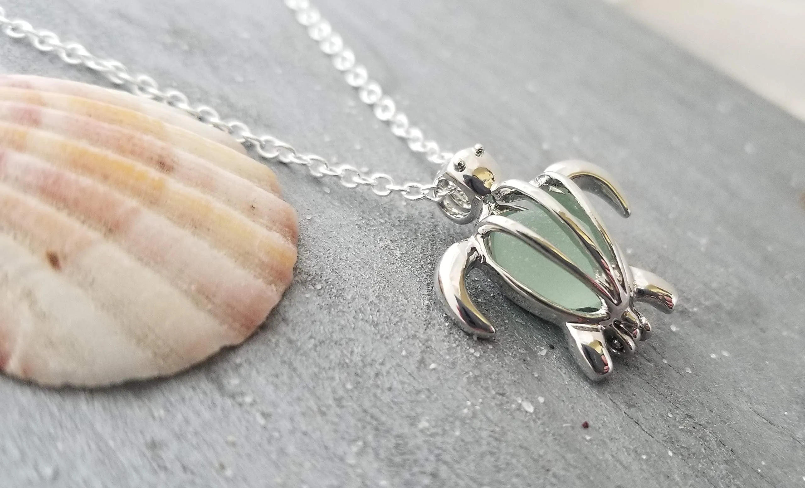 Handmade in Hawaii, Hawaiian Green Sea turtle wish locket with a natural piece of sea glass necklace, gift wrapped, customizable message