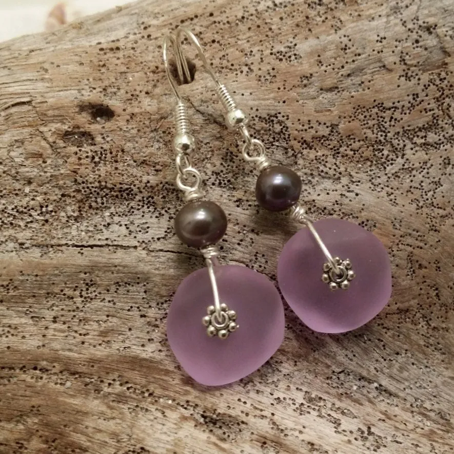 Handmade in Hawaii, "Magical Color Changing" Purple sea glass earrings