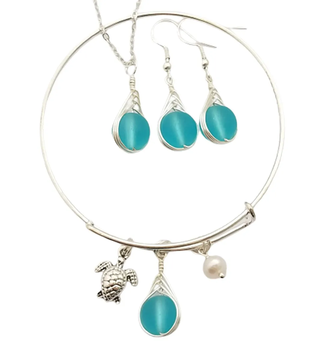 Handmade in Hawaii, Turquoise Bay blue wire Braided Small Round sea glass  necklace   earrings   bracelet set, "December Birthstone"