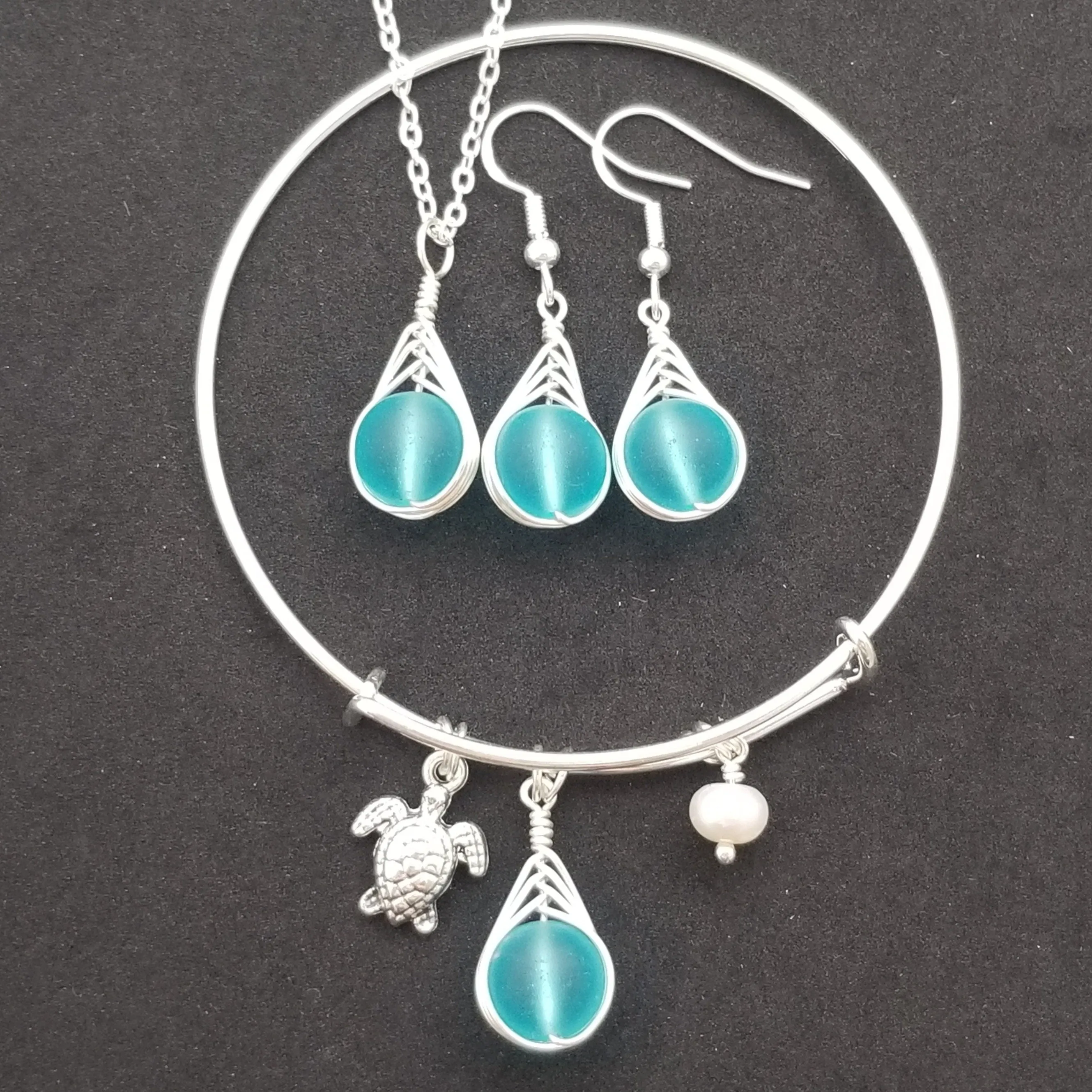 Handmade in Hawaii, Turquoise Bay blue wire Braided Small Round sea glass  necklace   earrings   bracelet set, "December Birthstone"