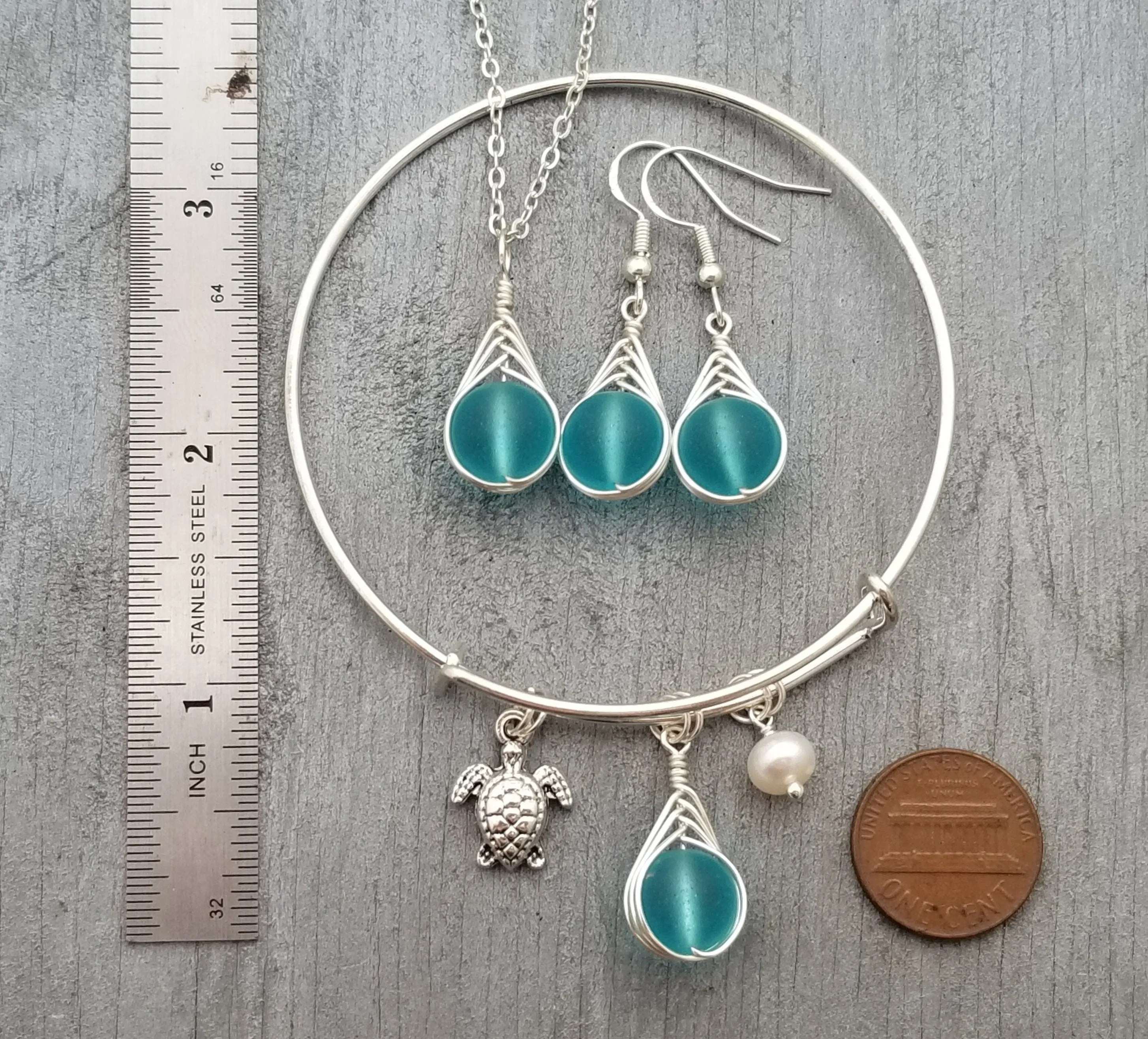 Handmade in Hawaii, Turquoise Bay blue wire Braided Small Round sea glass  necklace   earrings   bracelet set, "December Birthstone"