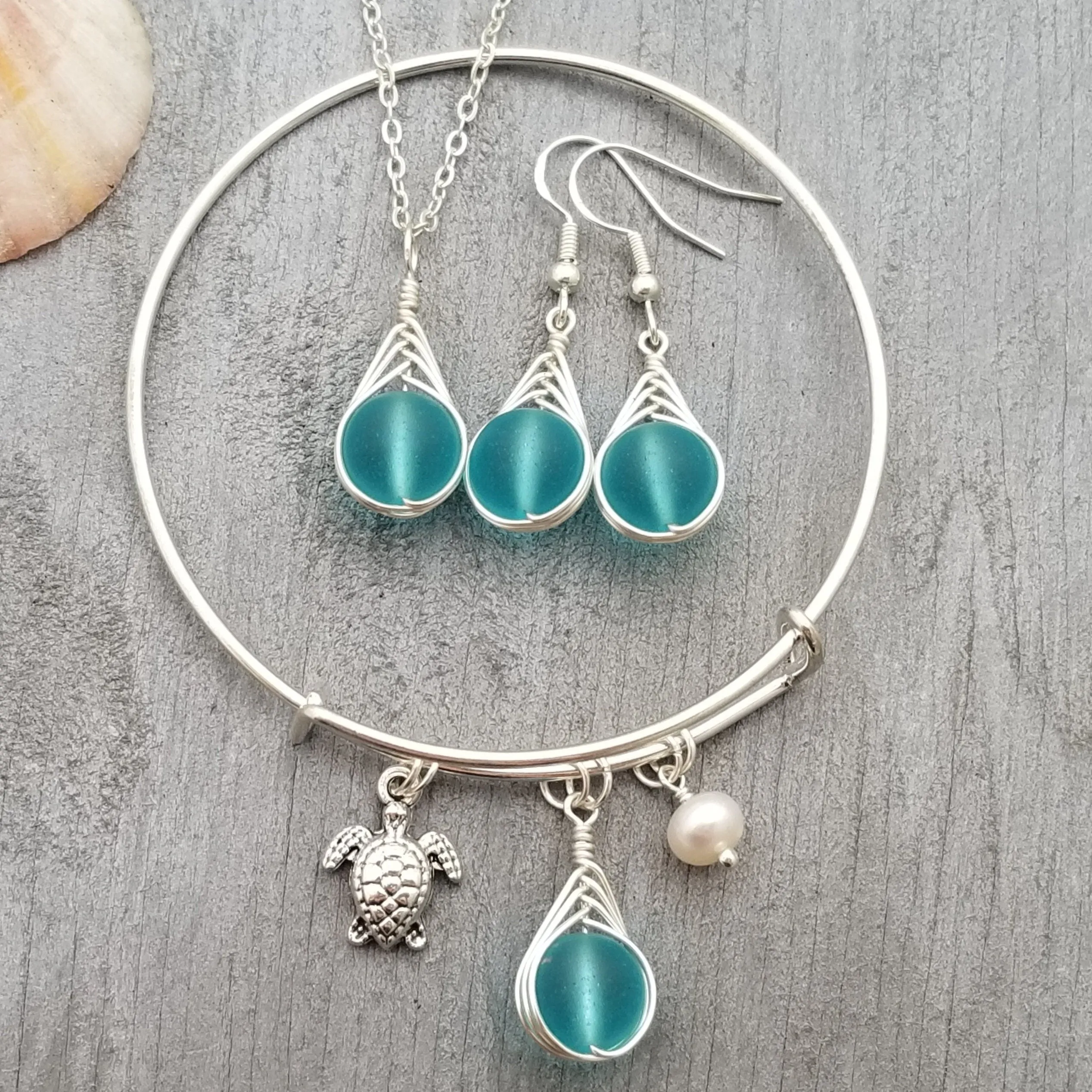 Handmade in Hawaii, Turquoise Bay blue wire Braided Small Round sea glass  necklace   earrings   bracelet set, "December Birthstone"