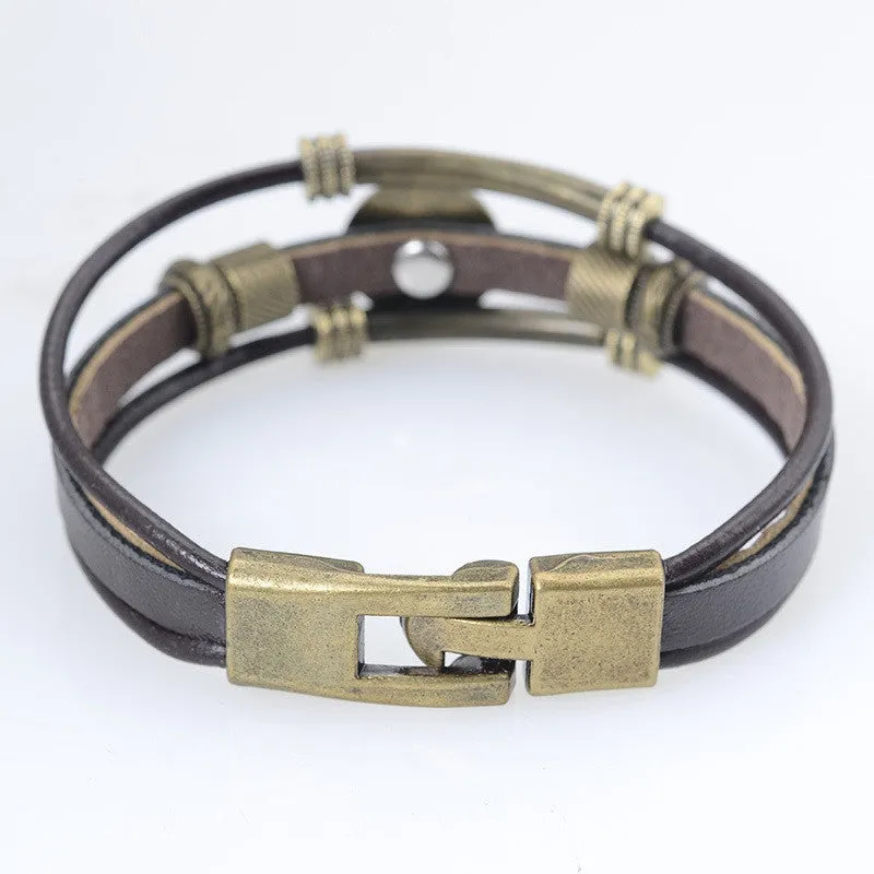 Handmade Men Jewelry Handmade Vintage PU Leather Bracelets & Bangles Pulseira Masculina Flower Bead Charm Bracelet for Men Male